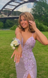 Spaghetti Straps Flower Pink Prom Dress With Slit HZ1023