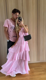Pink suspenders fashion sweet A-line backless long chiffon tiered ball gown evening dress party dress HZ1023