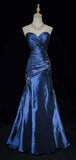 Navy Blue Elegant Exquisite Beaded Sweetheart Neck Sleeveless Mermaid Long Satin Ball Gown Evening Dress HZ1023