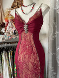 Red retro sexy mermaid spaghetti straps exquisite lace long prom dress evening dress party dress HZ1023