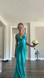 Blue Elegant V Neck Long Satin Ball Gown Evening Dress Wedding Guest Party Dress HZ1023