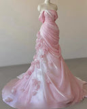 Pink gorgeous exquisite floral mermaid slim strapless long tulle floor-length ball gown evening wedding dress HZ1023