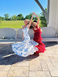 Blue floral elegant long formal evening gown sleeveless slit dress party dress HZ1023