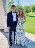 Blue floral elegant long formal evening gown sleeveless slit dress party dress HZ1023