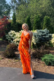 Orange Fashion Elegant Spaghetti Strap Long Ruffle Chiffon Ball Gown Evening Dress Party Dress Wedding Guest Dress HZ1023