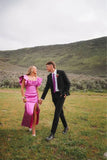 Pink Fashion Elegant Square Neckline Sexy Slit Long Satin Ball Gown Evening Dress HZ1023