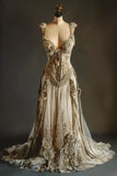 Golden Gorgeous Retro Fashion Elegant Floral Appliqu¨¦ Exquisite Lace A-Line Long Tulle Floor-length Tail Evening Gown Prom Dress Wedding Dress HZ1023