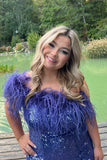 Red Gorgeous Shiny Off Shoulder Feather Bodycon Mini Short Homecoming Dress Party Dress HZ1023