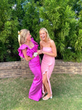 Pink Fashion Elegant Square Neckline Sexy Slit Long Satin Ball Gown Evening Dress HZ1023