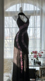 Black Shiny Vintage Elegant Romantic Delicate Pink Floral Beading Long Chiffon Homecoming Ball Gown Evening Dress Birthday/Wedding Guest/Holiday Party Dress Prom Dress HZ1023