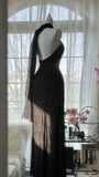 Black Shiny Vintage Elegant Romantic Delicate Pink Floral Beading Long Chiffon Homecoming Ball Gown Evening Dress Birthday/Wedding Guest/Holiday Party Dress Prom Dress HZ1023