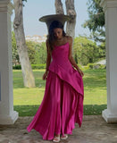 Pink spaghetti straps simple elegant long irregular ball gown evening dress HZ1023