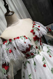 White gorgeous delicate rose applique long A-line tulle ball gown evening gown wedding dress HZ1023