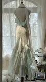 Green white gorgeous beautiful charming spaghetti straps beaded ruffles mermaid long slim lace tulle ball gown fashion evening dress party dress prom dress HZ1023