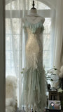 Green white gorgeous beautiful charming spaghetti straps beaded ruffles mermaid long slim lace tulle ball gown fashion evening dress party dress prom dress HZ1023