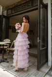 Pink Sweet Backless Long Tulle Ball Gown Evening Dress Party Dress HZ1023