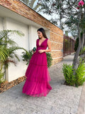 Purple Fashion Elegant V-neck Long Tulle Ball Gown Evening Dress Wedding Guest Party Dress HZ1023