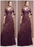 Gray purple elegant long sleeve lace long tulle ball gown evening dress HZ1023