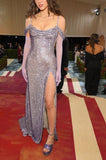 Purple Gorgeous Shiny Elegant Fashion Sequin Spaghetti Strap Long Sexy Side Slit Prom Dress Evening Dress Party Dress HZ1023