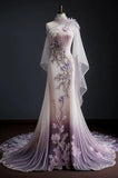 Pink purple gorgeous retro fashion one shoulder elegant floral applique slim fit long Tulle mermaid tulle floor length evening dress prom dress HZ1023