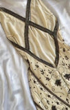 Cream color beige V neck exquisite elegant floral pattern long evening dress prom dress HZ1023