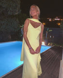 Yellow elegant fashion spaghetti strap long chiffon ruffled ball gown evening dress party dress HZ1023