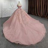 Pink gorgeous shiny exquisite embroidery applique tube top long tulle ball gown evening dress wedding dress HZ1023