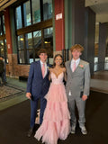 Pink sweet fashion V-neck elegant long tulle floor-length trailing ball gown evening dress prom dress HZ1023