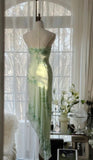 Light green fashion one shoulder elegant exquisite floral beading long bodycon chiffon ball gown evening dress party dress prom dress HZ1023