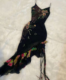 Black gorgeous exquisite colorful floral beading long ruffled chiffon evening dress party dress prom dress HZ1023
