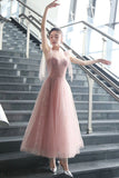 Pink A line prom dress pink tulle evening dress HZ1023