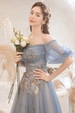 Blue lace long A line prom dress blue evening dress HZ1023