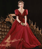 Burgundy v neck long prom dress A line evening gown HZ1023