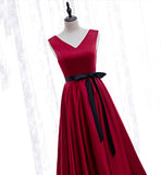 Burgundy v neck satin prom dress homecoming dress HZ1023