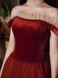 Burgundy velvet tulle long prom dress evening dress HZ1023