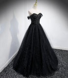 Black tulle long A line prom dress black evening dress HZ1023