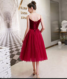 Burgundy velvet tulle short prom dress party dress HZ1023