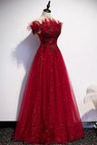 Burgundy tulle sequins long A line prom dress evening dress HZ1023