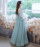 Blue tulle lace long prom gown evening gown HZ1023