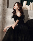 Black tulle beads long A line prom dress evening dress HZ1023