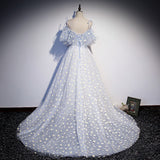 Blue tulle long A line prom dress blue evening ddress HZ1023