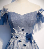 Shiny tulle sequins long prom dress blue evening dress HZ1023