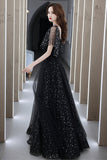 Black tulle long A line prom dress evening dress HZ1023
