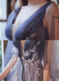 Blue v neck tulle lace long prom dress evening dress HZ1023