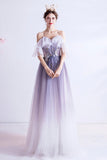 Purple tulle long A line prom dress evening dress HZ1023