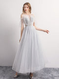 Gray tulle short prom dress party dress HZ1023