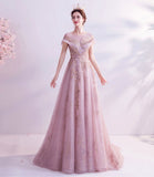 Pink tulle sequins long A line prom dress evening dress HZ1023