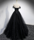 Black tulle long A line prom dress black evening dress HZ1023