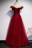 Burgundy tulle sequins long A line prom dress evening dress HZ1023