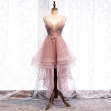 Cute v neck lace short prom dress high low evening dress HZ1023